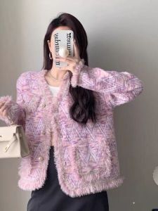 เสื้อคลุมขนกระต่ายสีน้ำเงิน ทรงหลวม แขนยาว คอวี กระดุมเดียว ทรงตรง ฤดูใบไม้ผลิ 2024 สำหรับผู้หญิง ชุดทำงาน ชุดทำงาน