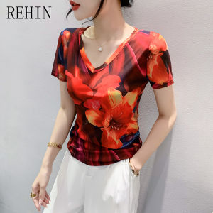 REHIN Summer Fashion Mesh Printed Floral Short Sleeve T-shirt V-neck Slimming and Stylish S-3XL Women Blouse
