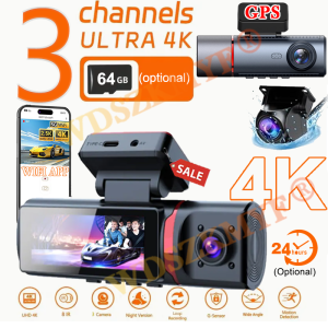 UHD 4K Dash Cam 3 Lens Driving Recorder Car DVR 1080P Rear Lens Camera Built-In WiFi GPS 24-Hour Parking Monitoring Black Box