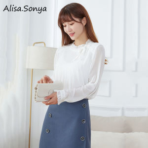 (Cle)Alisa.sonya ผู้หญิงออกแบบสบายๆบางอ่อนโยนเก๋เสื้อแขนยาวคอวี