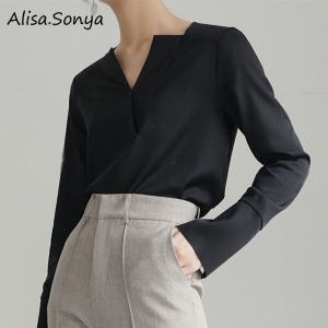 Alisa.Sonya  Womens Long Sleeve V Neck Tops Casual Blouse Satin Loose Shirt