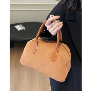 Korean Retro Deer Suede Bowling Bag Large Capacity Commuter Pillow Shaped Handbag Fashionable Autumn Winter Womens Bag