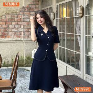 Đầm thiết kế BEMINE cổ sơ mi vạt kiểu có nút dáng chữ A phù hợp đi làm-MT9991