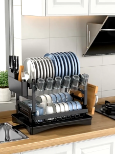 Rak Piring Dapur Stainless Steel 2 Tingkat: Pengering Piring & Rak Cangkir