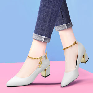 รองเท้าส้นสูงหนังแท้สีดำสำหรับผู้หญิง รองเท้าส้นกลางฤดูใบไม้ผลิและฤดูใบไม้ร่วง รองเท้าส้นแบนสำหรับใส่ไปงานปาร์ตี้ในช่วงฤดูร้อน