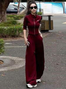 Red Stand Collar Sportswear Set Womens Short Jacket High Waist Wide Leg Pants Two Piece Suit Autumn New Style Fashion Set