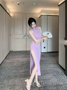 ชุดกี่เพ้าสีพื้นสไตล์จีนย้อนยุค แขนกุด ทรงเข้ารูป กระโปรงทรงเอ คอตั้ง สำหรับผู้หญิง ชุดทำงาน ฤดูร้อน 2025