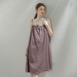 XEXZ | Linen French Strap Sleepwear Women Pure Desire Style Summer Purple Home Clothes Casual Home Scene Mid-Length Gown