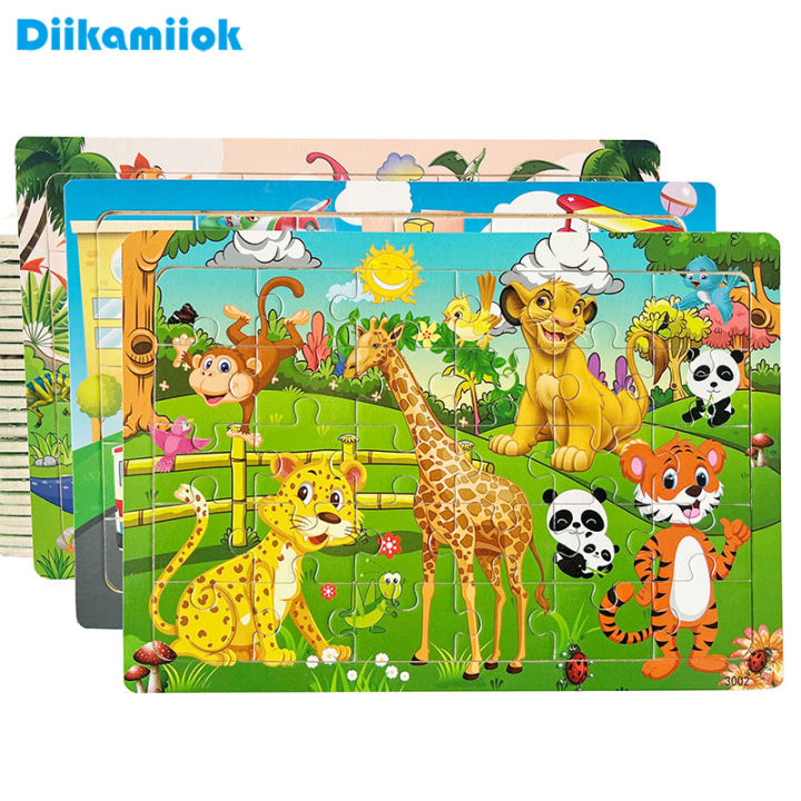30 Pieces Wooden Jigsaw Puzzle Kids Cartoon Animal Vehicle Puzzles ...