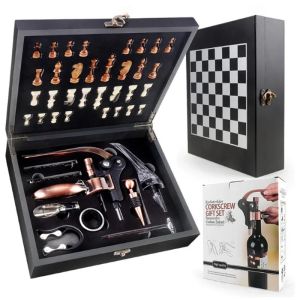 2 in 1 Wine Opener Set with Chess Set Wooden Gift Box Bar Tools Multi Functional Set for Wine Opening and Pressing Corkscrew Set