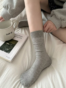 Grey Mid-Calf Socks Womens Summer Thin Pure Cotton No-Cuff Stripe Miu Style Over-The-Knee Socks Breathable Moisture-Wicking