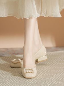 Low Heel Champagne Colored Womens Shoes Size 32 for Cheongsam Summer Style Fairy Tale Fashion Single Shoes Pearl Decorated