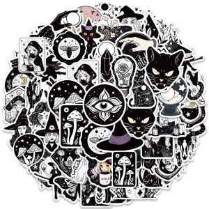Đen Trắng Phù Thủy Ma Thuật Mèo Hoạt Hình Dán Thẩm Mỹ Goth Đề Can Chống Thấm Nước Mát Graffiti Cho Ô Tô Laptop Xe Máy-10/30/50 Chiếc