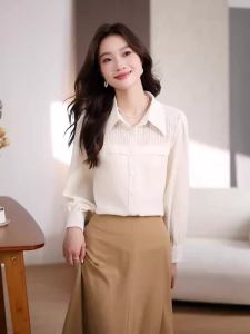 AMMIN 2025 Spring New Simple Lapel Fashion Positioning Sequin Gauze Stitching Design Single-Breasted Commuter Chiffon Shirt Womens Korean Style Long Sleeve Elegant Blouse