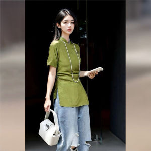 Green Cheongsam Short Sleeve Shirt Womens New Chinese Style Sòngjǐn Waist-Cut Design Summer Fashionable Inner Wear Top