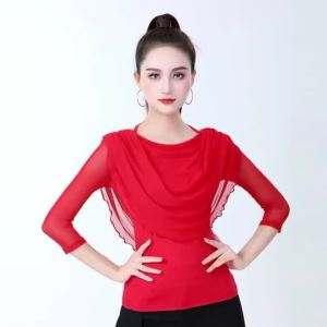 Women Short Sleeve Slim Fit Mesh Ruffle Tassel Latin Dance Top Cha Tango Samba Ballroom Dance Practice Performance Costume