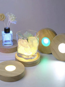 Creative Wooden Base LED Light round Wireless Charging Aromatherapy Glass Cup Solid Wood Glow Cup Mat Home Decor Night Light