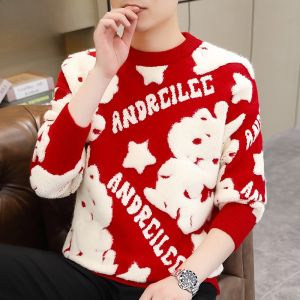 HENGYUANXIANG | Red Knitted Round Neck Sweater For Men New Year Fashionable Winter Thickened Long Sleeve Casual Loose Fit Rabbit Patterned