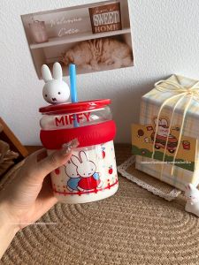 Ly Thủy Tinh Đáng Yêu Hình Thỏ Có Nắp và Ống Hút