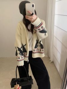 Korean Style Sweet Cute Christmas Island Rabbit Zipper Knitted Open Cardigan Womens Autumn Winter Sweater Coat Thickened Long Sleeve