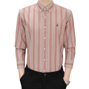 HENGYUANXIANG | Áo sơ mi nam cổ đứng thêu họa tiết sọc kẻ rộng dài tay cotton nguyên chất 100% thời trang xuân thường ngày cao cấp