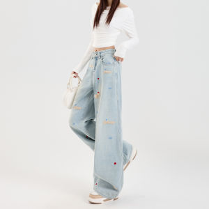 Light Embroidered Dog Jeans Womens Loose Fitting Fleece Lined Wide Leg Pants Straight Cut Floor Length Christmas Theme