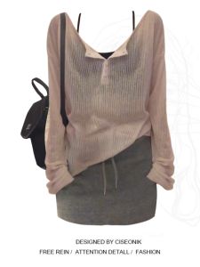 พลัสไซส์ กันแดดสีชมพู คาร์ดิเกน With Grey Sports กระโปรง Set หลวม Fit V Neck Long Sleeve ลำลอง ใส่สบาย ฤดูใบไม้ผลิ ฤดูใบไม้ร่วง