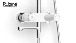 Rubine x sgPlumbMart RSC-PUSHSTOP-R61BK Brass Black Rain Shower Set With Mixer Round Rainshower