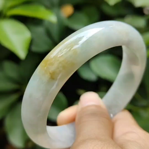 57.8mm Width 13.7 * Thickness 7.8 mm Peace Bangle Light Green Hue with Brownish Yellow Natural Type A Jadeite Jade certificate weighs 59.44 grams (bangle20)
