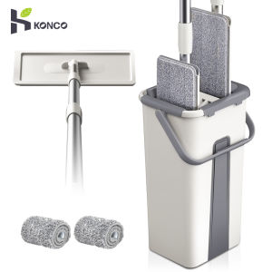 Konco space save mop with bucket hands wash free squeegee flat mop Tile wood floor cleaning tools with 2 mop cloth household sweeper mops
