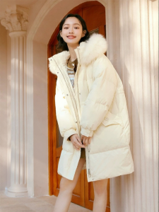 SEIFINI | White 90 Down Feather For Petite Fox Fur Hooded Mid-Length Puffer Jacket
