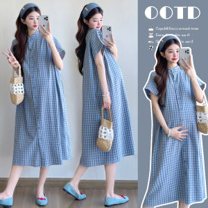 Đầm Thai Sản Họa Tiết Caro Xanh Trắng Form Rộng