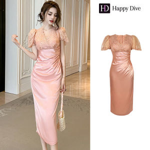 Happy Diva เดรสผู้หญิง เดรสสีชมพู เดรสแขนพอง เดรสลูกไม้ เดรสซาติน เดรสทำงาน เดรสฝรั่งเศส เดรสไฮโซ เดรสออกงาน เดรสเซ็กซี่ 10275