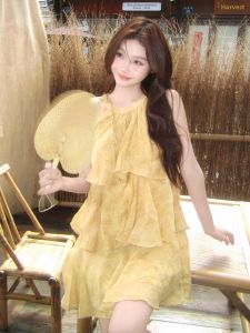 Karrar betsey | Yellow Strapless Chinese Style Short Skirt Dress Women Summer New Arrival High Waist A-Line Gauze Fiber Blend Sleeveless Dress