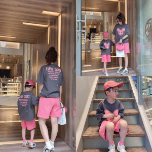 Summer Casual Fashionable Parent-Child Clothes Set Light Pink Cartoon Two-Piece Suit for Three Generations Family Matching