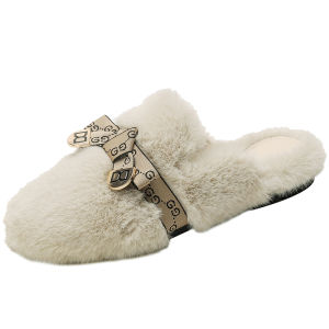 Furry Slippers Womens Winter Postpartum Slip-On Lazy Shoes Warm Cozy Booties Korean Style Flat Bottom Rubber Sole Shoes