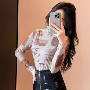 REHIN Women’s Half Turtleneck Mesh Long Sleeve T-Shirt Elegant Slim Fit Base Layer Fashion Top