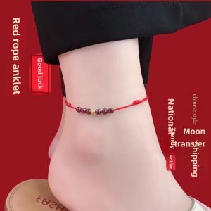 Handmade Red Rope Anklet Garnet Color-Retention Gold Lucky Beads Foot Chain Minimalist Mori Style K-style Girlfriends Ladies Bracelet
