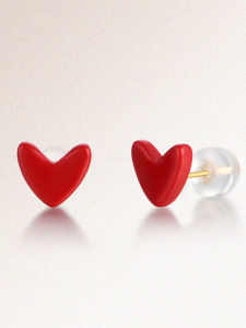 Japanese Little Red Heart Studs Pure 18K Colored Gold Coral Peach Heart Earrings 750 Colored Gold Earrings Qixi Birthday Gift