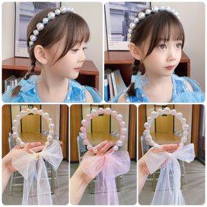 New Korea Baby Girl Pearl Princess Hair Ribbon Headbands Accessories Sweet Hair Accessories Cartoon Cute And Minimalist Headwear For Girls (Blue/White/Pink)