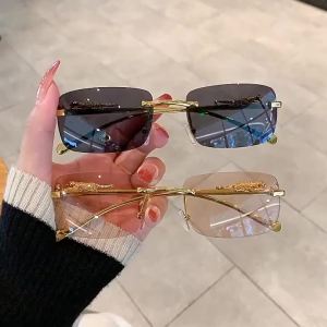 Fashion Square Frameless Womens Sunglasses with Gold Leopard Print Frame Sunglasses UV400