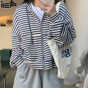 IEF เสื้อฮู้ดหญิง เสื้อแจ็คเก็ตคาร์ดิแกนแขนยาวซิปสำหรับผู้หญิงในฤดูหนาว เสื้อสเวตเตอร์ลายทางมีฮู้ดทรงหลวม ชุดกันหนาว❀