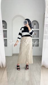 Vincath Rok Linen Kancing Depan Wanita – Model Midi Panjang Elegan – Bahan Tebal Nyaman – Pinggang 76-102 cm – Rok Kerja Muslimah Casual Formal – Kancing Aktif + Resleting – Warna Hitam Navy Cream Mocca - RW - 07