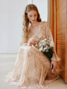 XIANGYING | Floral V-Neck Chiffon Dress With Ruffles and Waist-Cinching Design