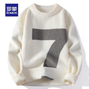 ROMON | Romon Mens Knitted Sweater Casual Loose Thickened Round Neck Winter Fashion Warm Long Sleeve Polyester Nylon Blend Youth Style