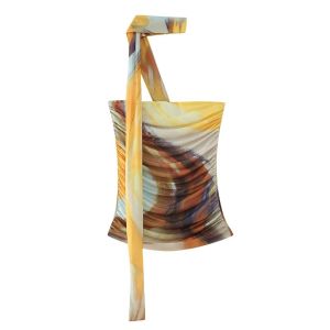 Beach Vacation Leopard Print Slim Fit Mesh Halter Neck One Shoulder Top for Trendy Women Short Length Folded Edge 2024 Summer