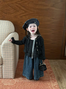 Autumn Outfit for Girls Floral Print Wide Leg Jeans Cotton Combo Two Pieces Set Korean Style Baby Clothes Trendy Kids Fashion