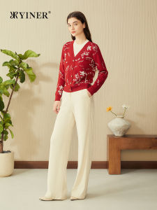 Spring Chinese Red Wool Mock Two Pieces Magnolia Knit Sweater