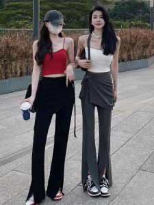 กางเกงขายาวทรงหลวมเอวสูงสีเทา 2024 ฤดูใบไม้ผลิ ดีไซน์เกาหลี กางเกงขายาวทรงหลวม ชุดสองชิ้น เอวสูง กระโปรง