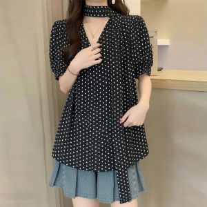 AIYITI | Elegant Black Polka Dot Chiffon Shirt Short Sleeve Plus Size